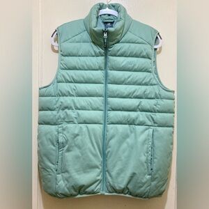 New Balance Womens Tech Puffer Vest Size M Light Green Zip Up Pockets Wintergear
